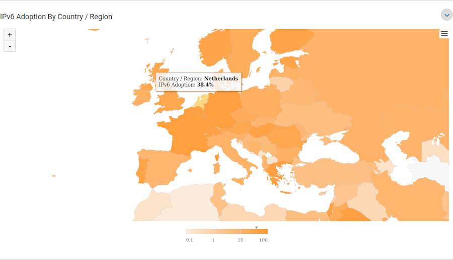 Dutch client-side IPv6 adoption according to Akamai as of January 3, 2024.