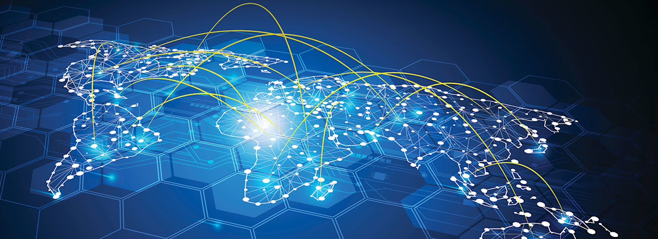 Gedigitaliseerde wereldkaart met netwerkverbindingen tussen verschillende locaties.