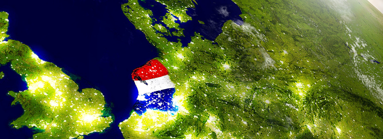 Europe on the globe, where the Netherlands is colored with the colors of the Dutch flag.