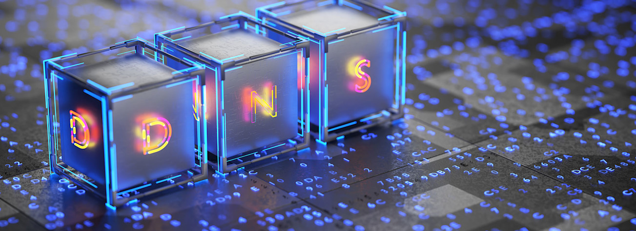 Illuminated cubes with the letters DNA in a futuristic environment