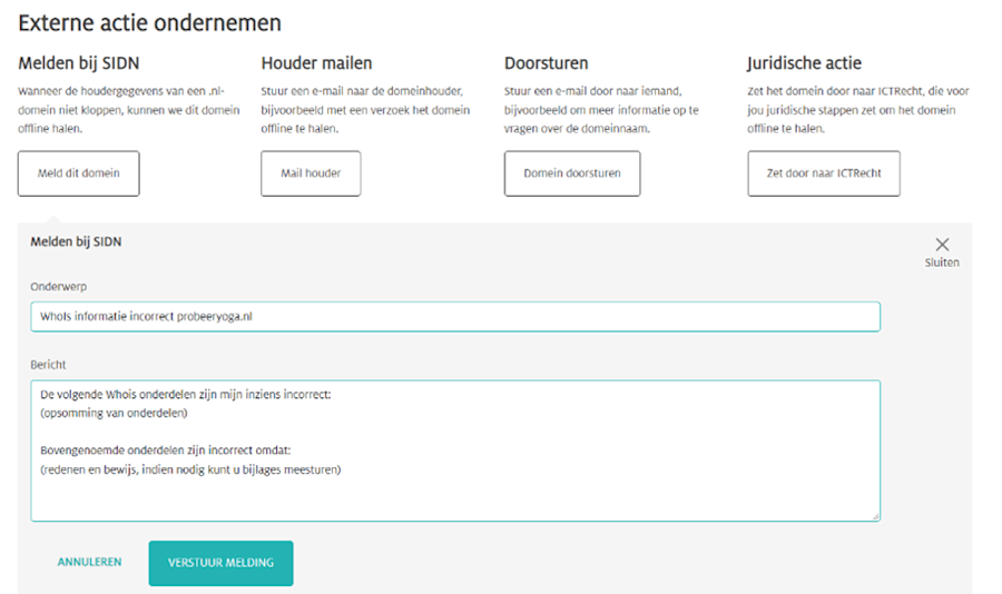 Screenshot van het onderdeel 'Externe actie ondernemen' in SIDN Merkbewaking