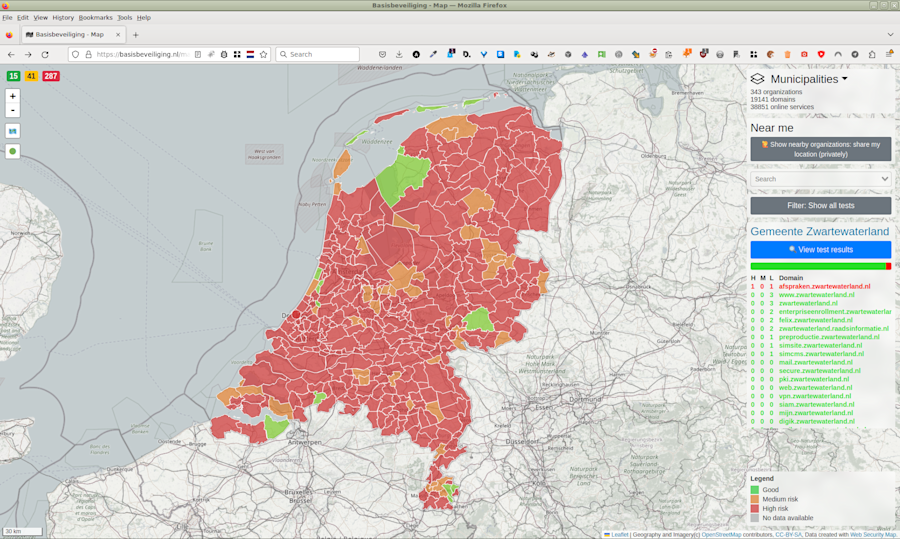 Map of the Netherlands showing, in colour, the performance of Dutch municipalities in the field of security standards adoption.