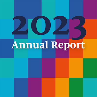 The text 'Annual Report 2023' on a background of colored blocks in SIDN's corporate identity.