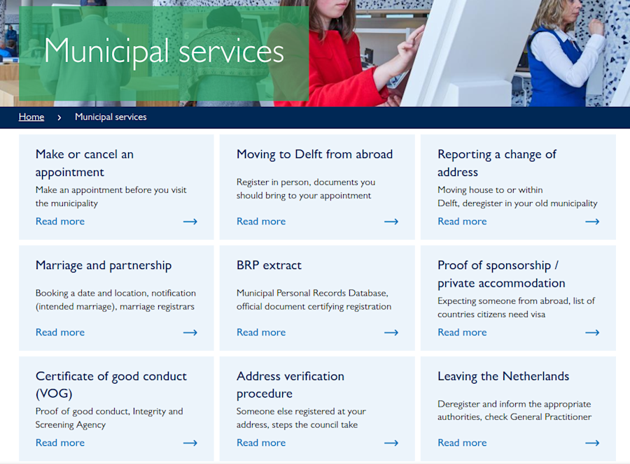 Screenshot van de website van de gemeente Delft.