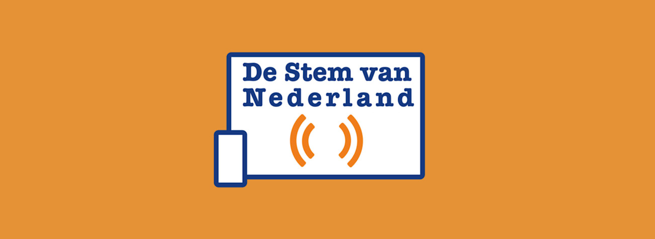 Logo of 'De Stem van Nederland' on orange background.