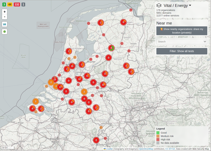 Map from Basisibeveiliging.nl showing the level of digital security of organizations in the Dutch energy sector. 