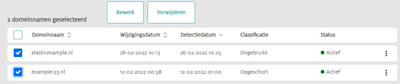 Screenshot van de functie domeinnamen bewerken en verwijderen in de SIDN Merkbewaking-interface