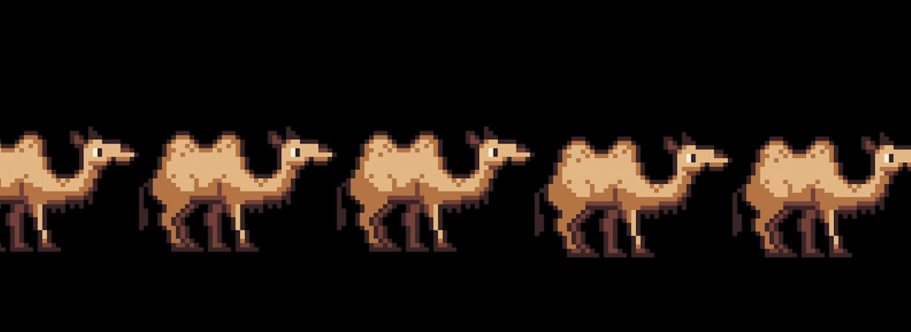 Illustration of a row of pixelated camels