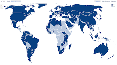 Diagram of ISOC showing a world map showing whether a country has adopted DNSSEC or not.