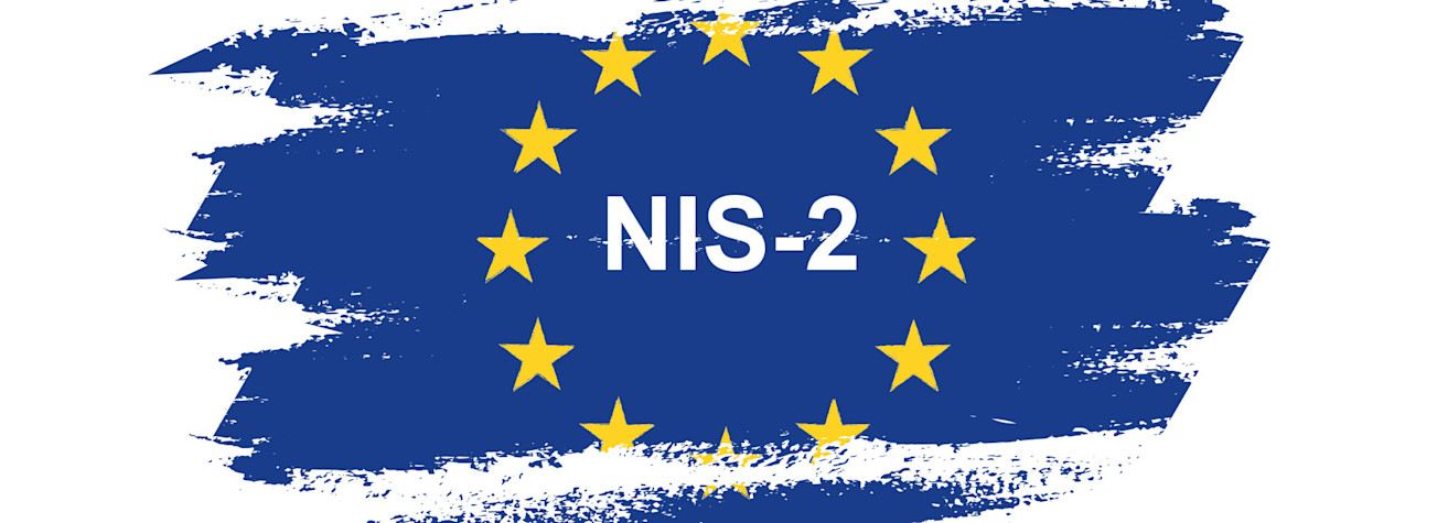 Background of blue brushstrokes with the 12 yellow stars of the European Union and the abbreviation NIS-2 in it.