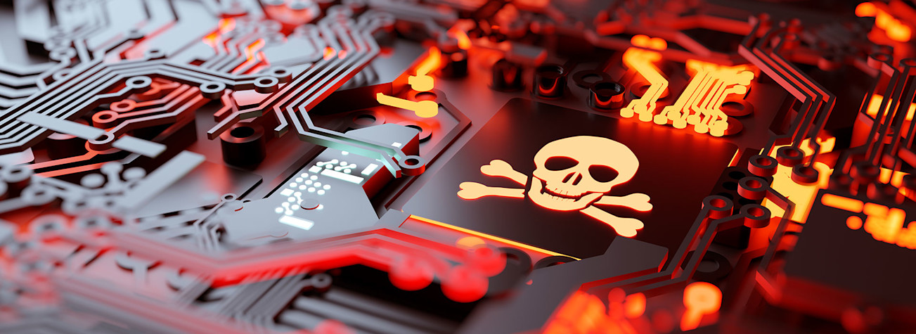 Skull on a red illuminated motherboard of a computer.