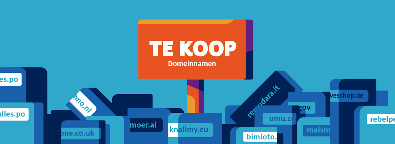 Illustratie van een bord met daarop de tekst 'TE KOOP Domeinnamen'.