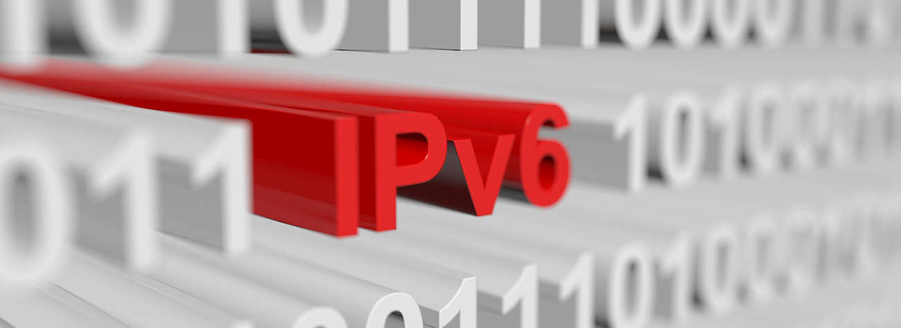 The abbreviation IPv6 in red amidst white binary code