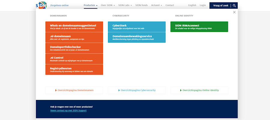 voorbeeld van een uitklapmenu met daarop de keuze voor de producten.