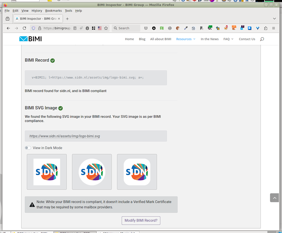 Screenshot van de BIMI-testconfiguratie voor het sidn.nl-domein.