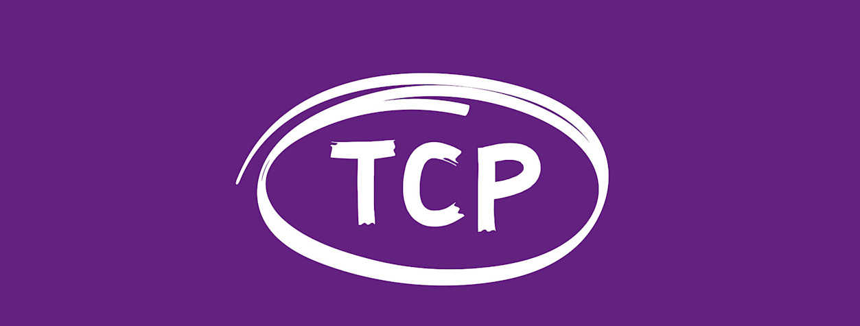 The abbreviation TCP in white letters on a purple background