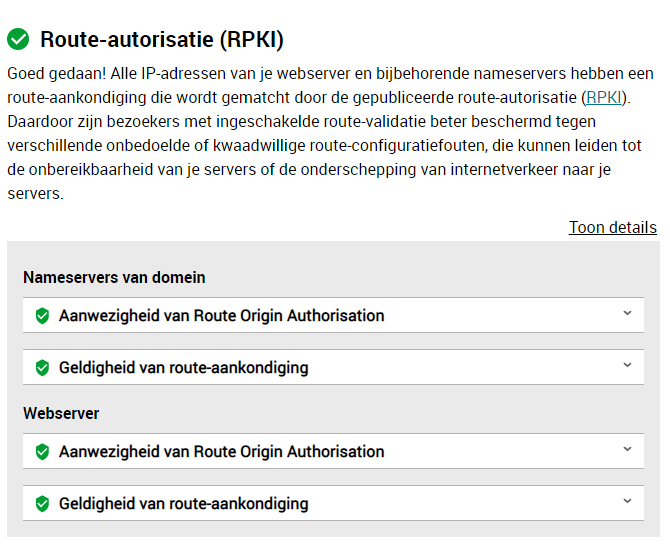 Screenshot van het resultaat van de RPKI-test van sidn.nl op Internet.nl