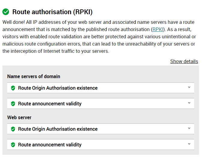 Screenshot of the result of the RPKI test of sidn.nl on Internet.nl