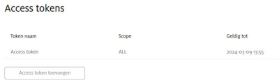 Screenshot van de webinterface van SIDN Merkbewaking die het instellen van access tokens laat zien