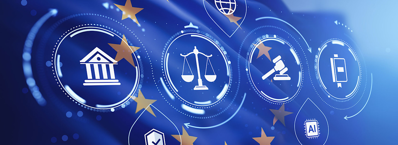 Digitale juridische en governance pictogrammenset boven Europese vlag