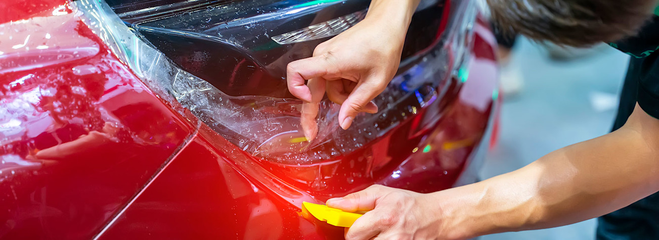 Employee applies a wrap film to a car