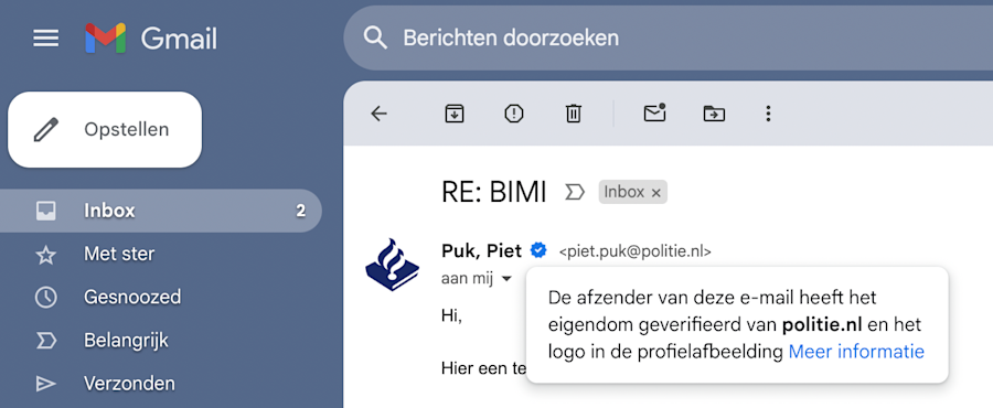 Voorbeeld van het politielogo dat met behulp van BIMI getoond wordt in een Gmail-mailbox.