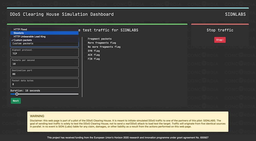 Screenshot van het DDoS Clearing House Simulation Dashboard
