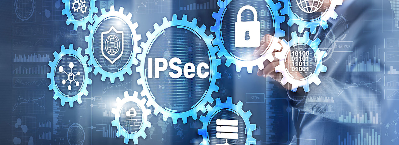 Image of gears containing images of, among other things, a padlock, binary code and the abbreviation IPsec.