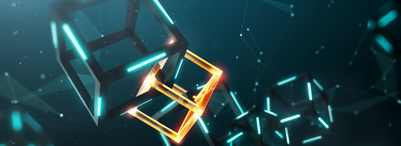 Blockchain technology concept. Switched cubes in an abstract virtual environment.