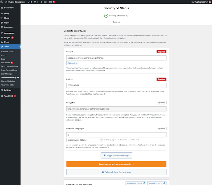 Screenshot of the interface of the WordPress plugin for the Internet standard security.txt.