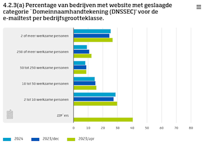 Bar chart showing the percentage of companies with websites that passed the 'Domain Name Signature (DNSSEC)' category for the email test by company size category.