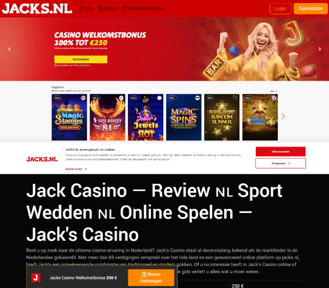 Screenshot van een website die online casino Jacks.nl imiteert
