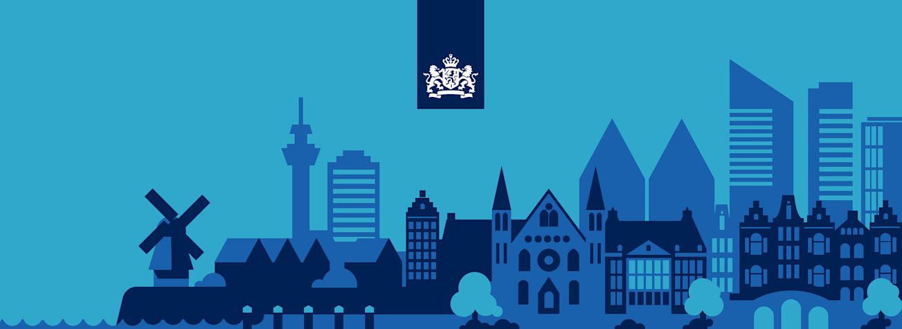 Illustration of Dutch buildings with the Dutch Central Government logo