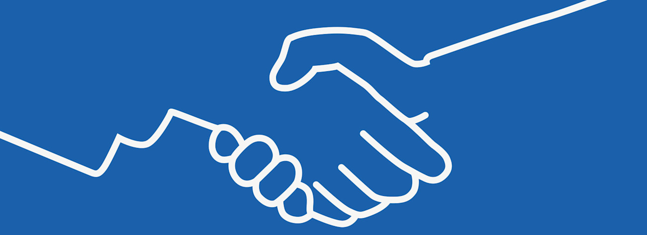 White line illustration of shaking hands on a blue background