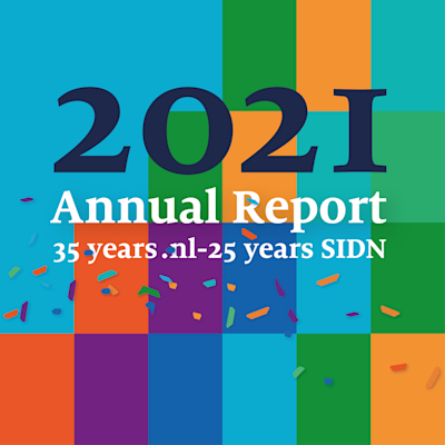 Background in SIDN house style colors with the text Annual Report 2021 - 35 years of .nl - 25 years of SIDN