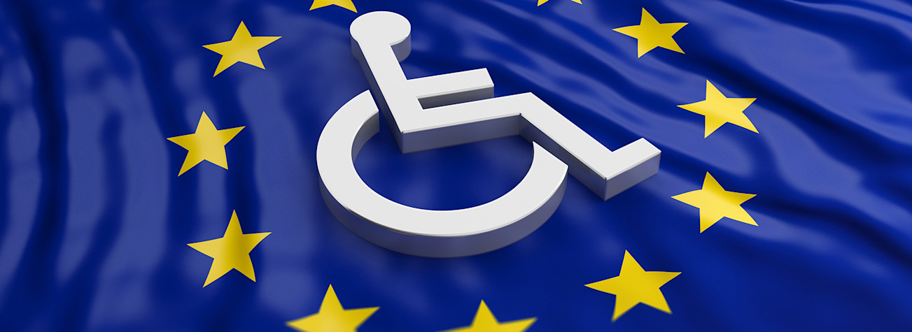 Vlag van de Europese Unie met rolstoelicoon in de sterrenring.
