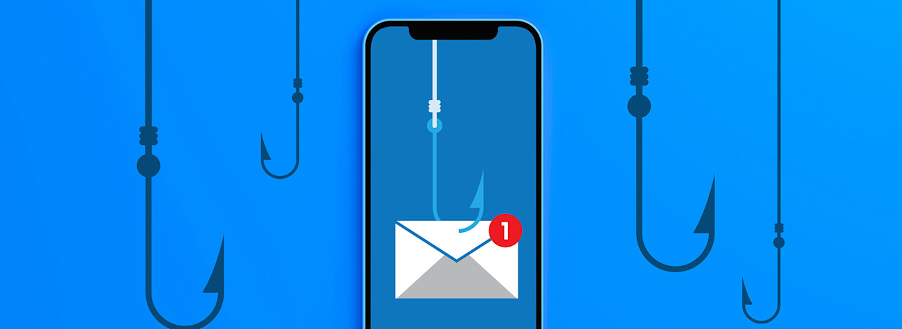 Smartphone with an email icon on the screen with a fishing hook through it.