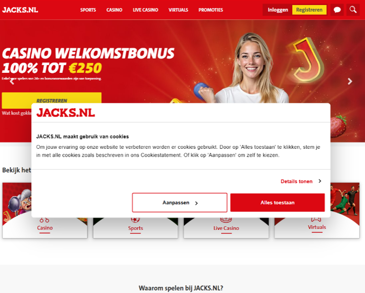 Screenshot van de website van online casino Jacks.nl