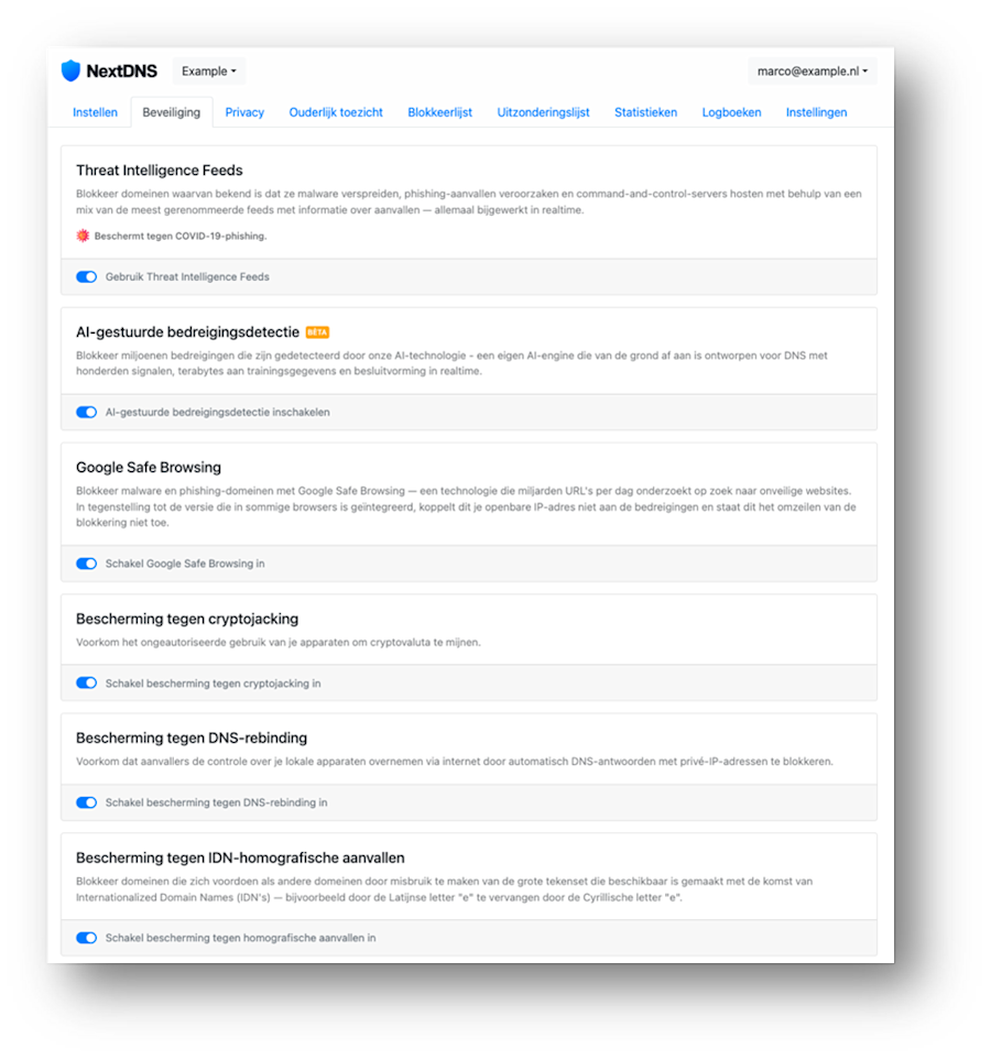 Voorbeeld van resolverconfiguratiemogelijkheden (NextDNS-resolver)