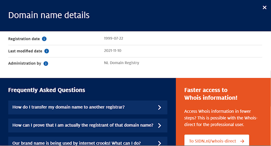 Screenshot of the registration details of the domain name webstore.nl on sidn.nl.