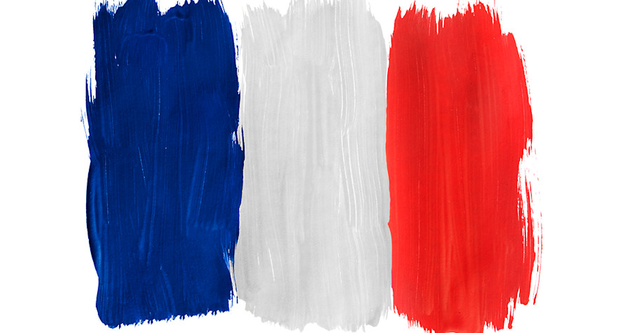 French flag made up of 3 vertical paint stripes in blue, white and red