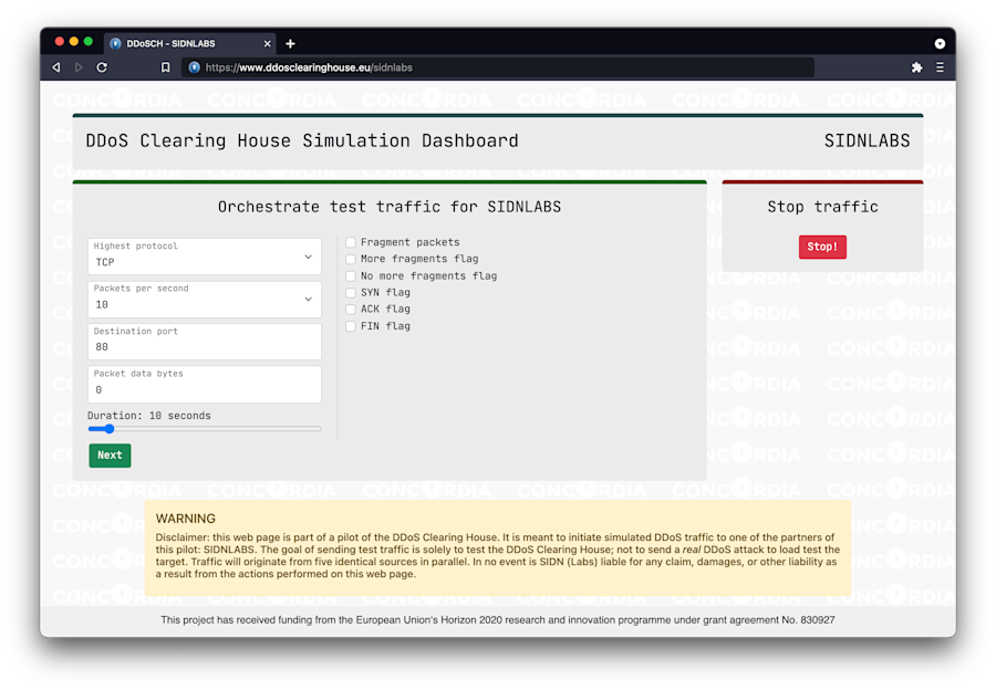 Dashboard van de traffic generator van het DDoS-clearinghouse testbed