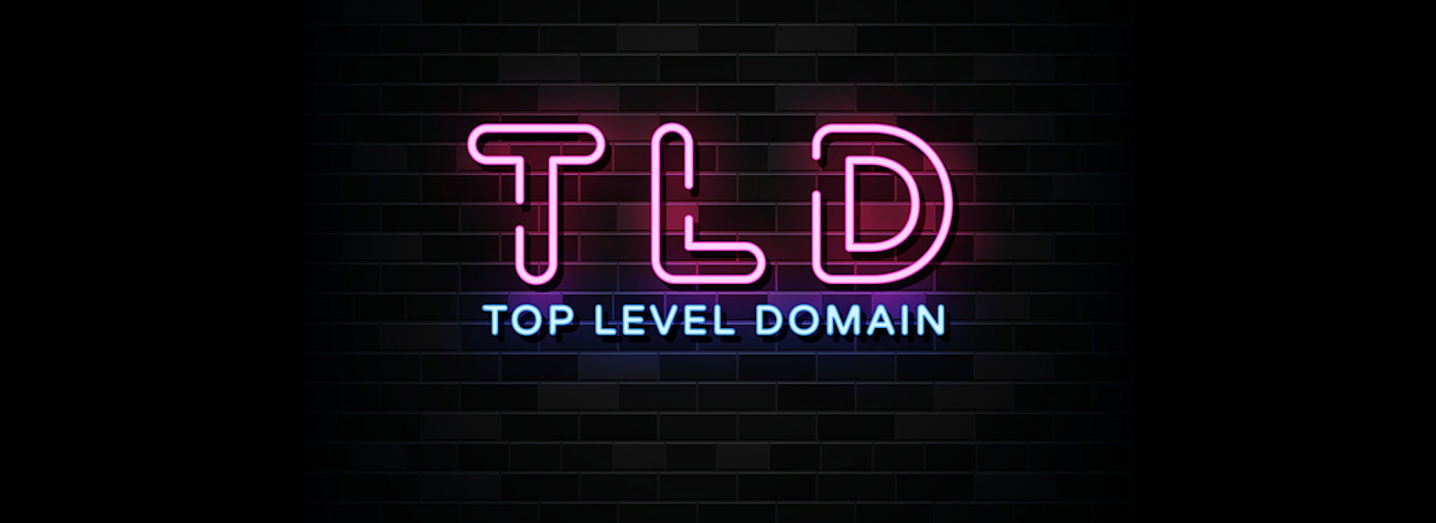 The abbreviation 'TLD' and the become 'top level domain' in pink and blue neon letters respectively on a black wall.