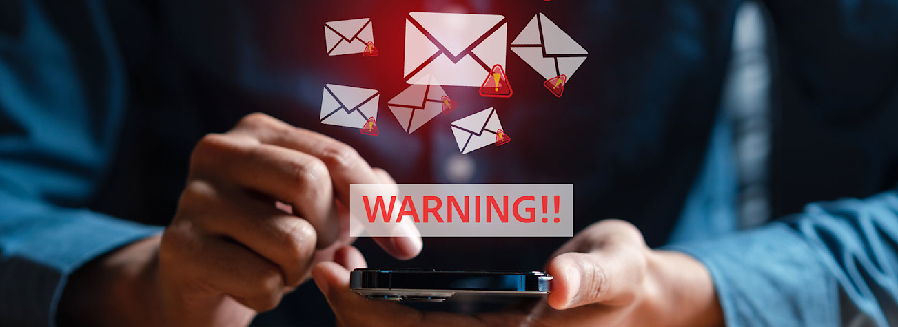 E-mail icons with a red exclamation mark swirling out of a smartphone with the text 'WARNING'.