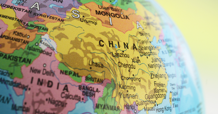 Close up of the map of China and India on a globe