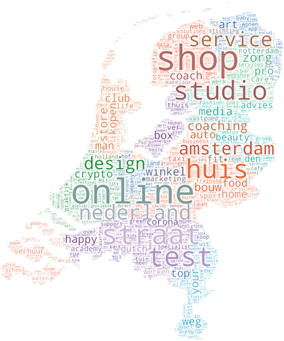 Word cloud in the shape of the Dutch map, made up of words that occur most frequently in domain names registered in 2021. The words ‘online’, ‘shop’, ‘straat’ (‘street’), ‘test’, ‘zorg’ (‘care’/’healthcare’), ‘studio’ and ‘huis’ (‘house’/’home’) are the largest in the word cloud.