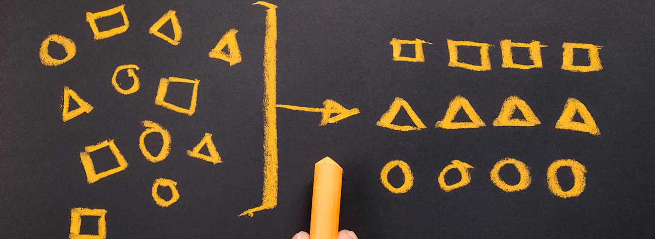 Hand drawing geometric shapes with a piece of chalk. On the left the figures are mixed up and on the right they are arranged.