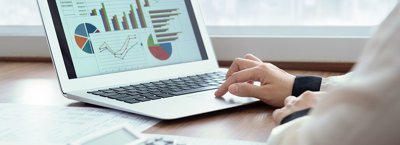 Woman views a research report on a laptop