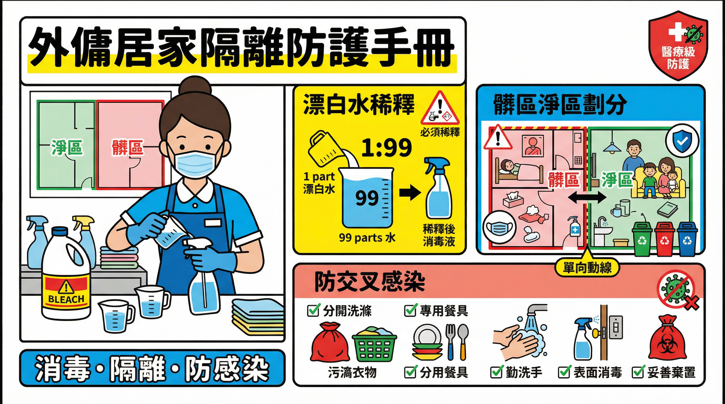 傳染病居家防護指南：教外傭劃分隔離髒區、稀釋漂白水比例與防交叉感染