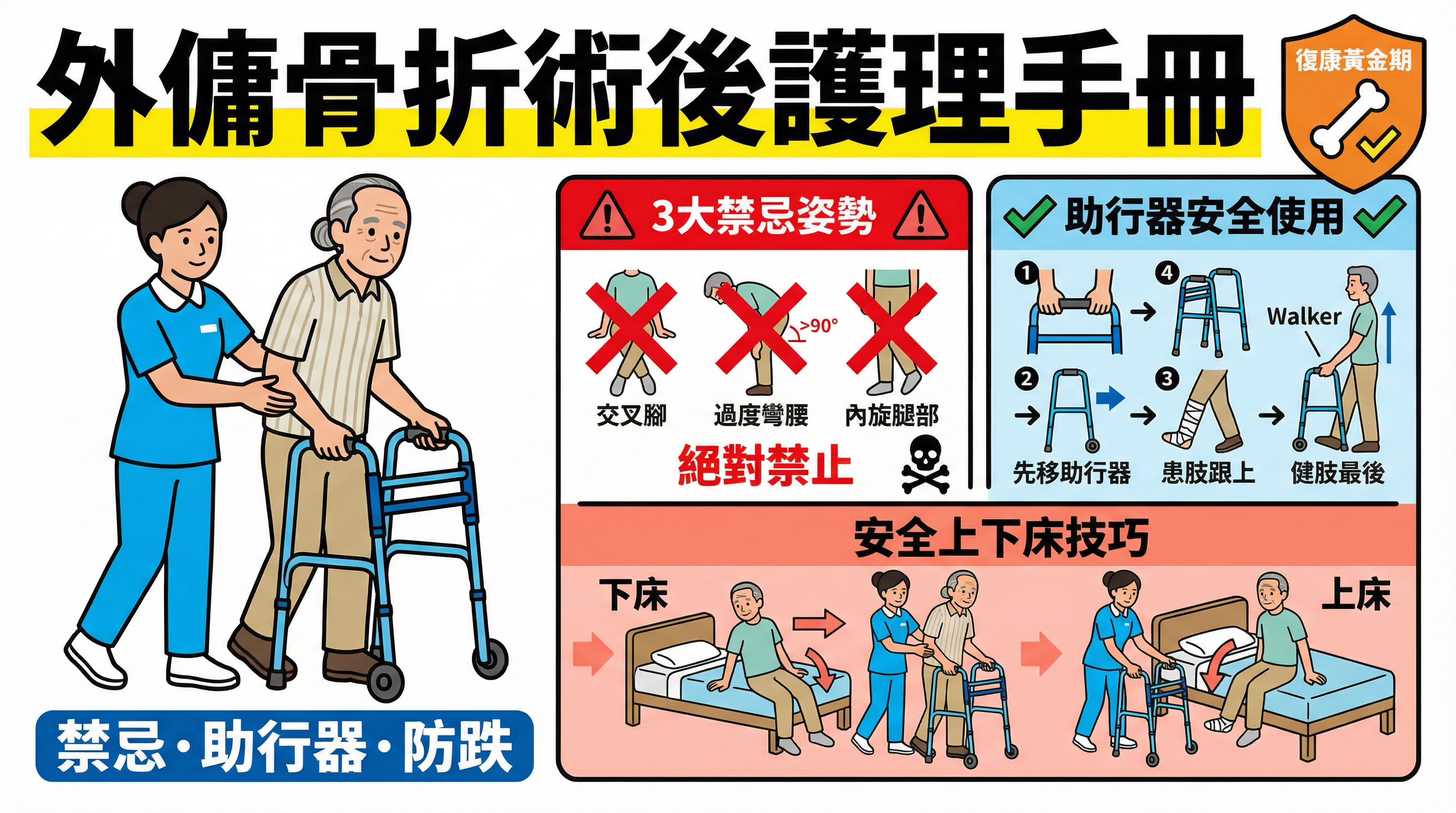 骨折術後護理全攻略：教外傭識別 3 大禁忌姿勢與助行器防跌訓練